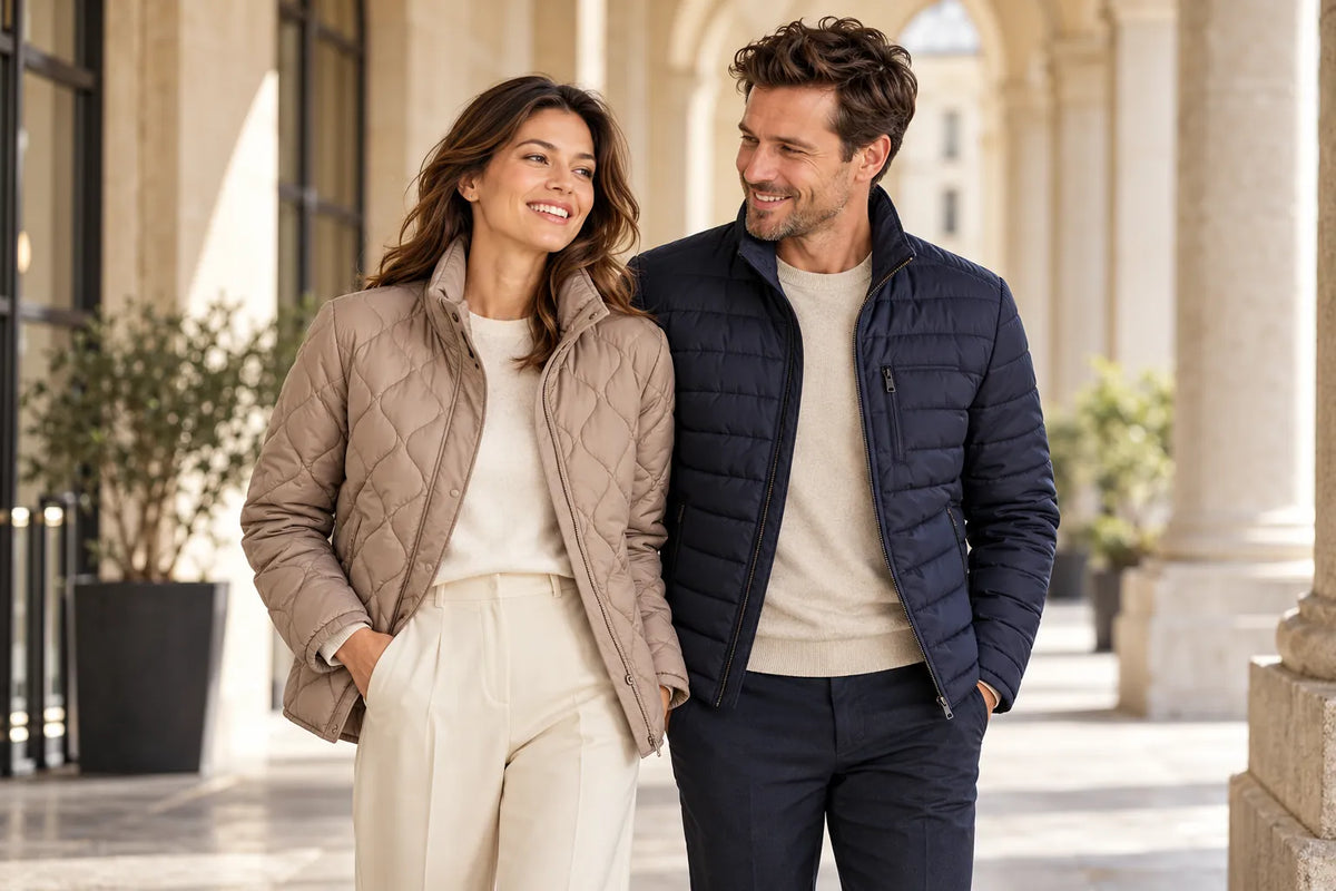 Femme en veste matelassée taupe à côté d’un homme en veste matelassée bleu marine.