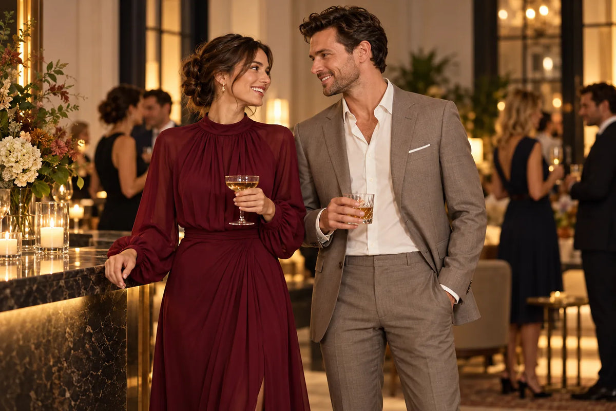 Femme en robe de soirée bordeaux et homme en costume brun clair lors d’une réception festive.
